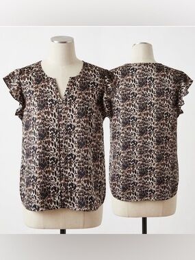 Notations Leopard-Print Ruffle Sleeve Blouse - Black, Brown, Cream Size Large